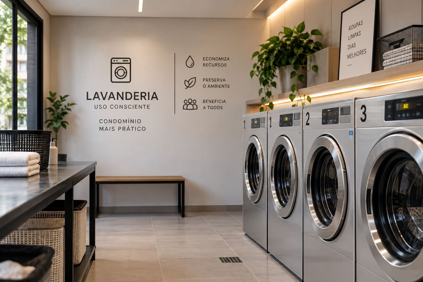 Lavanderia coletiva de condominio, com maquinas alinhadas e bancada de dobra